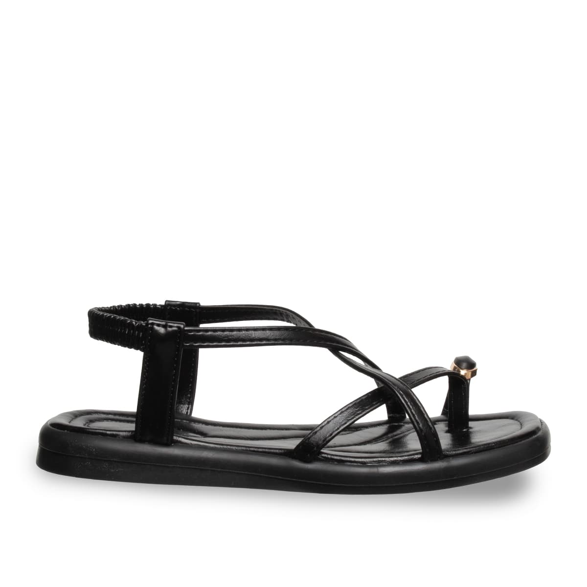 Siyah - Kadın Düz Sandalet - Lastikli - Suni Deri - Yaz