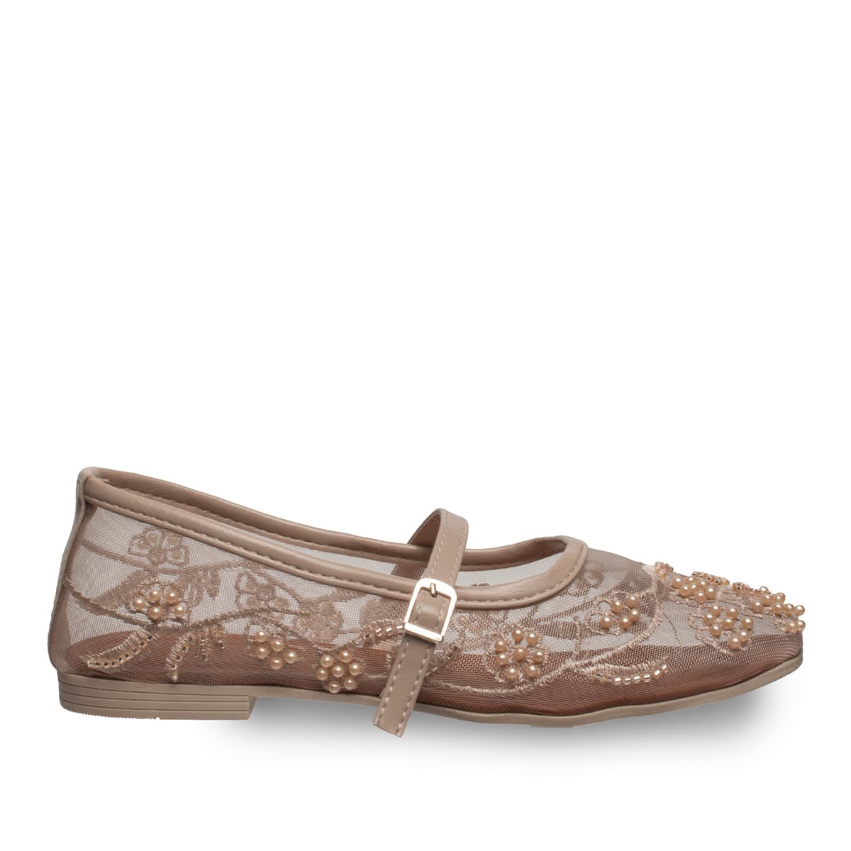 Siyah  Dantelli Kadın Babet - Suni Deri - Tüm Sezonlar — Bej