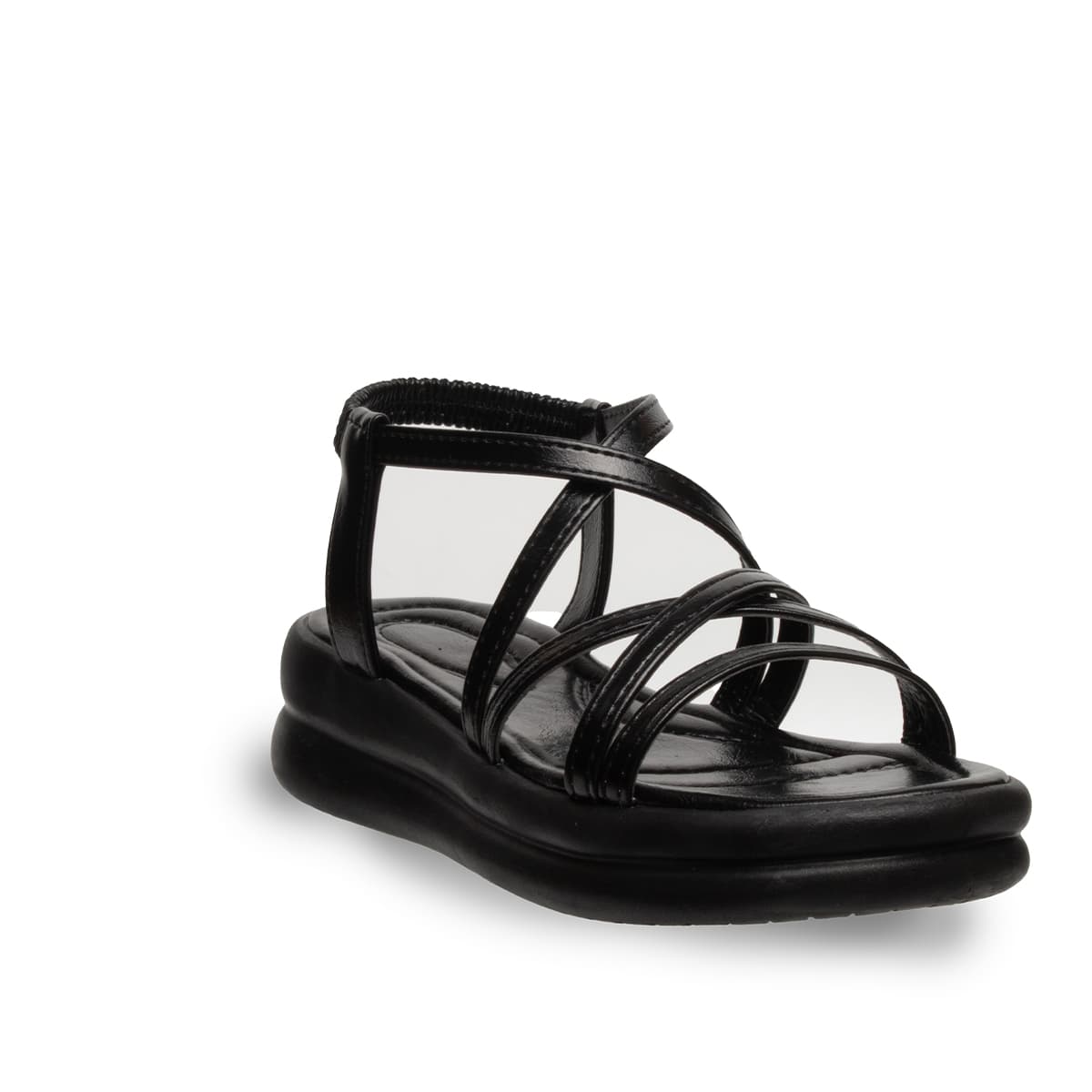 Siyah - Kadın Düz Sandalet - Lastikli - Suni Deri - Yaz