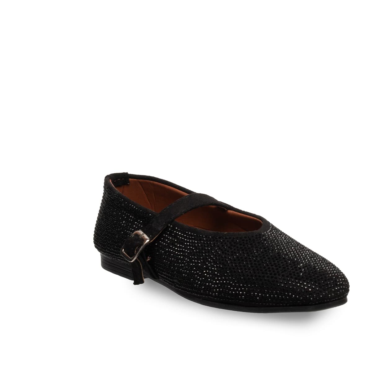 Siyah Parlak Taşlı Kadın Babet Suni Deri - Tüm Sezonlar