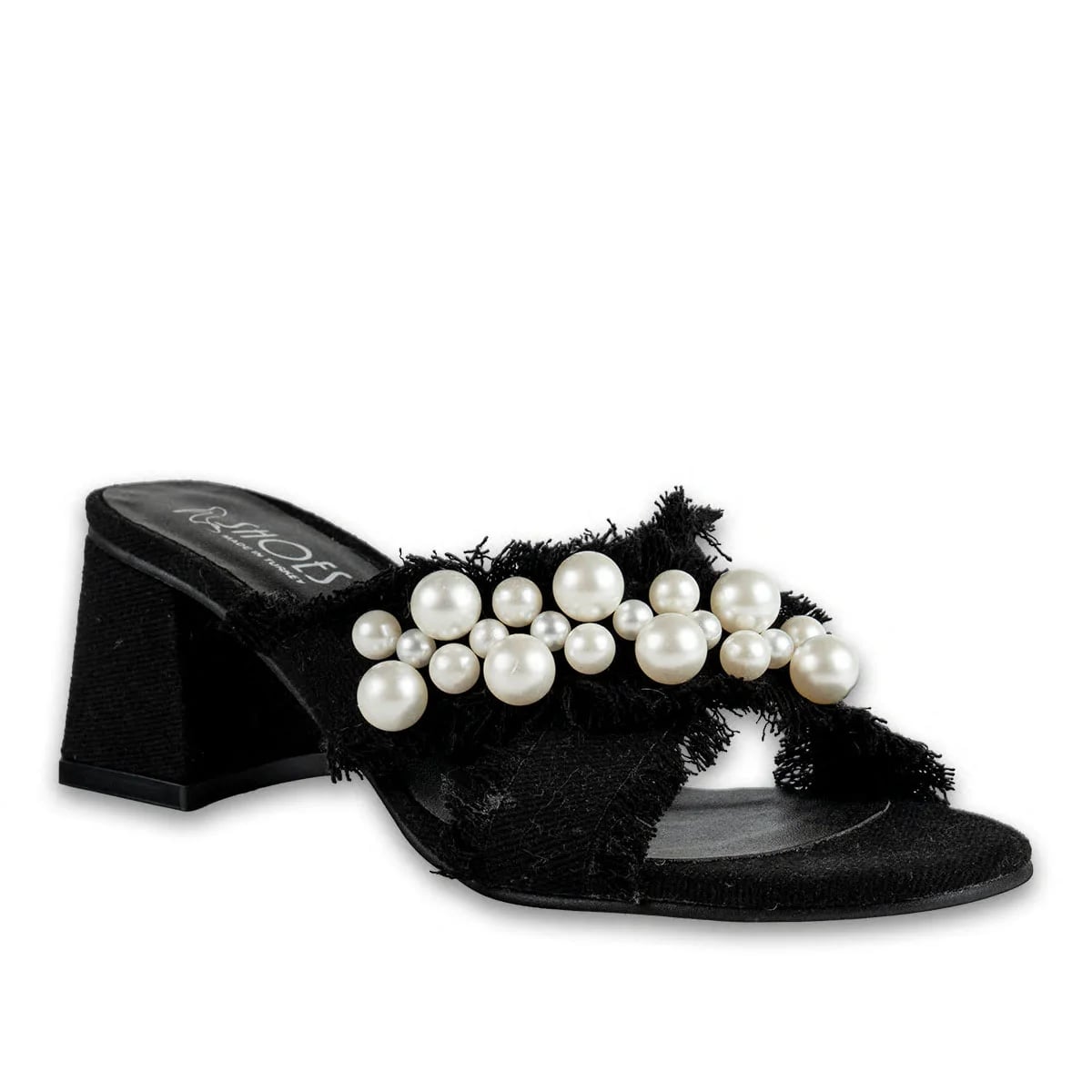 Wholesale Black Heeled Slippers Faux Leather Cross Pearl Stylish Model - Color: Black, Color Types: Fabric - Image 2 of 3