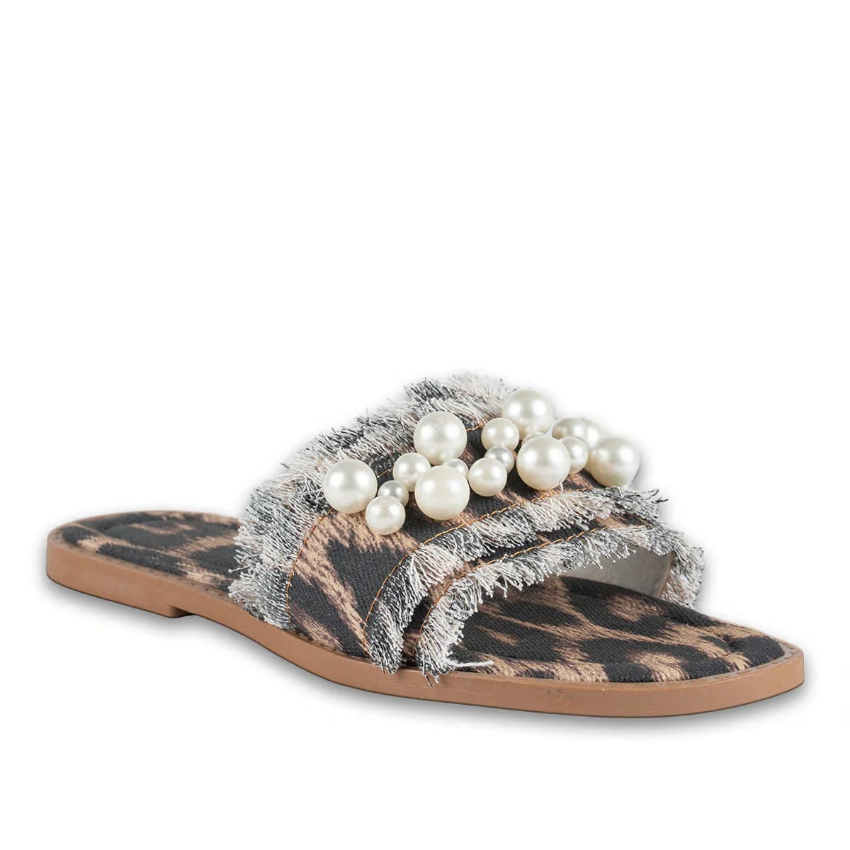Wholesale Leopard Print Women's Flat Slippers Model with Denim Material and Pearl Stones - Color Types: Fabric, Color: Leopard - Image 2 of 3