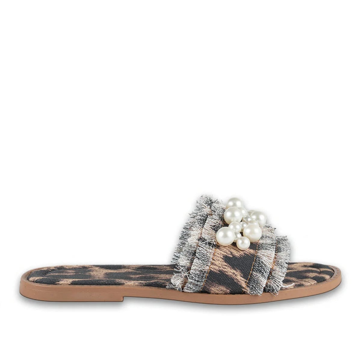 Wholesale Leopard Print Women's Flat Slippers Model with Denim Material and Pearl Stones - Color Types: Fabric, Color: Leopard - Image 1 of 3