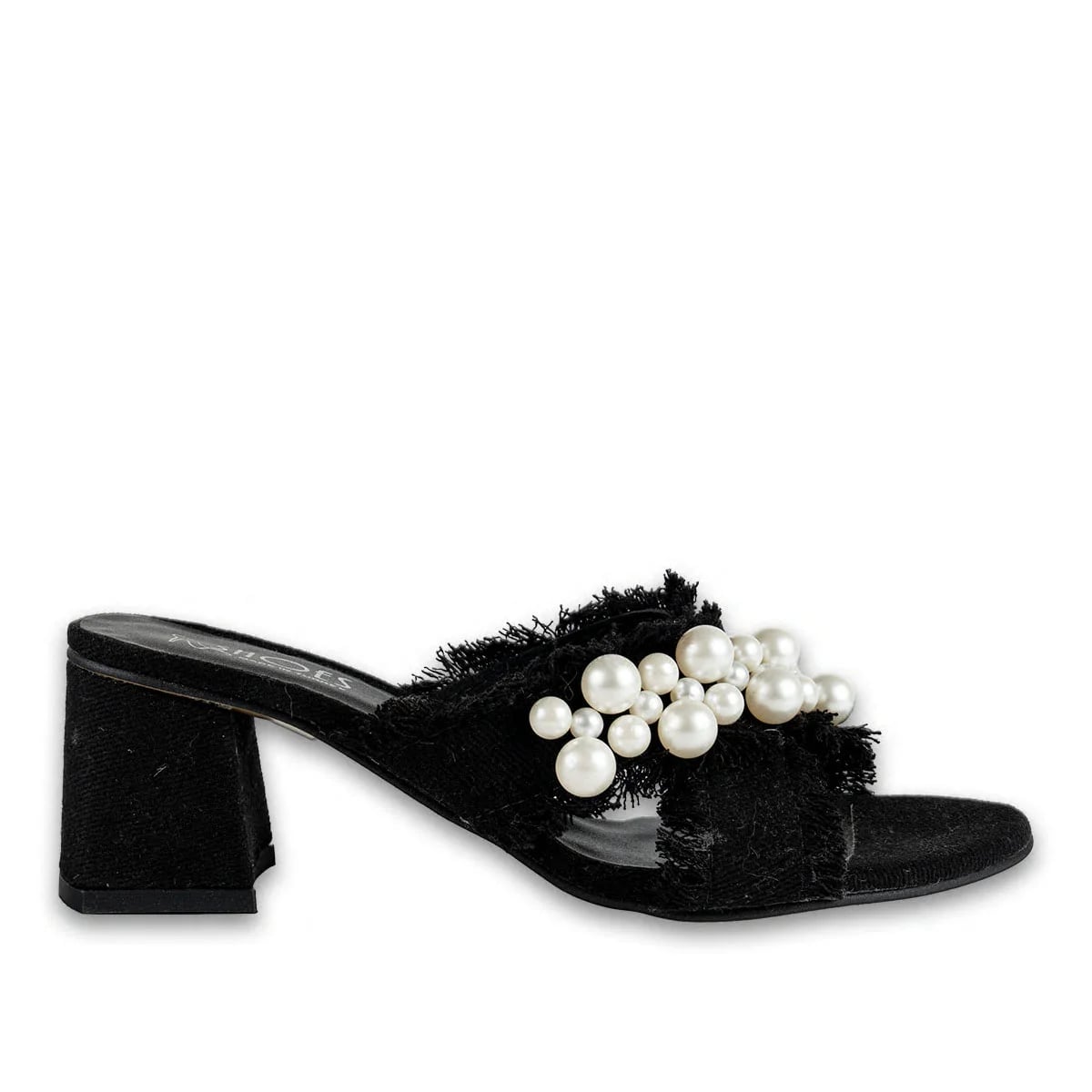 Wholesale Black Heeled Slippers Faux Leather Cross Pearl Stylish Model - Color: Black, Color Types: Fabric - Image 1 of 3