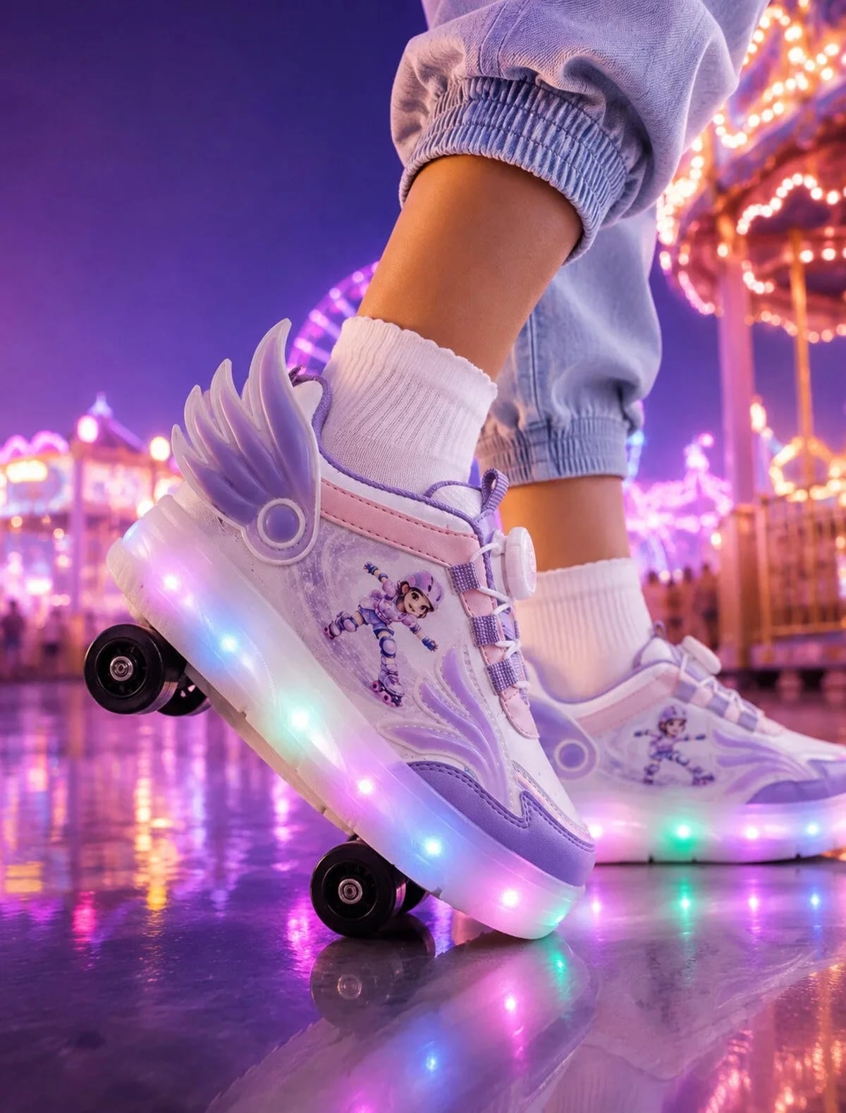 Kız Çocuk 4 Tekerlekli LED Işıklı Patenli Ayakkabı | BOA Döner Bağcık | Kanatlı Roller Sneaker | MAX AĞIRLIK 60 KG/ KANATLI - أنواع الألوان: جلد, اللون: ليلكي - صورة 1 / 1