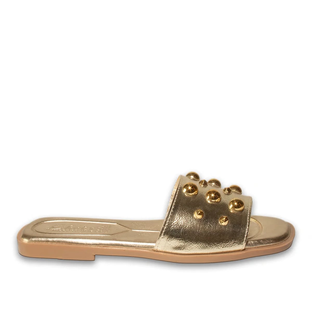 Women's Studded Flat Slides 8-Pair Carton - Color: Gold, Color Types: Wrinkled - Image 1 of 3