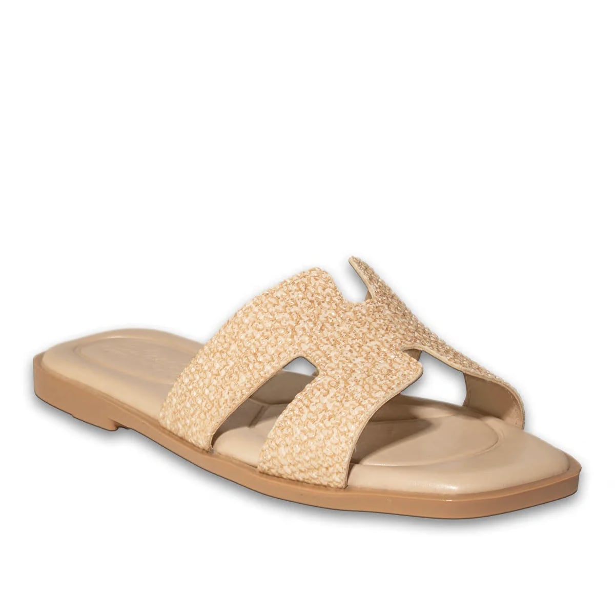 Women's Synthetic Leather Flat Slides - Color: Beige, Color Types: Straw - Image 2 of 4