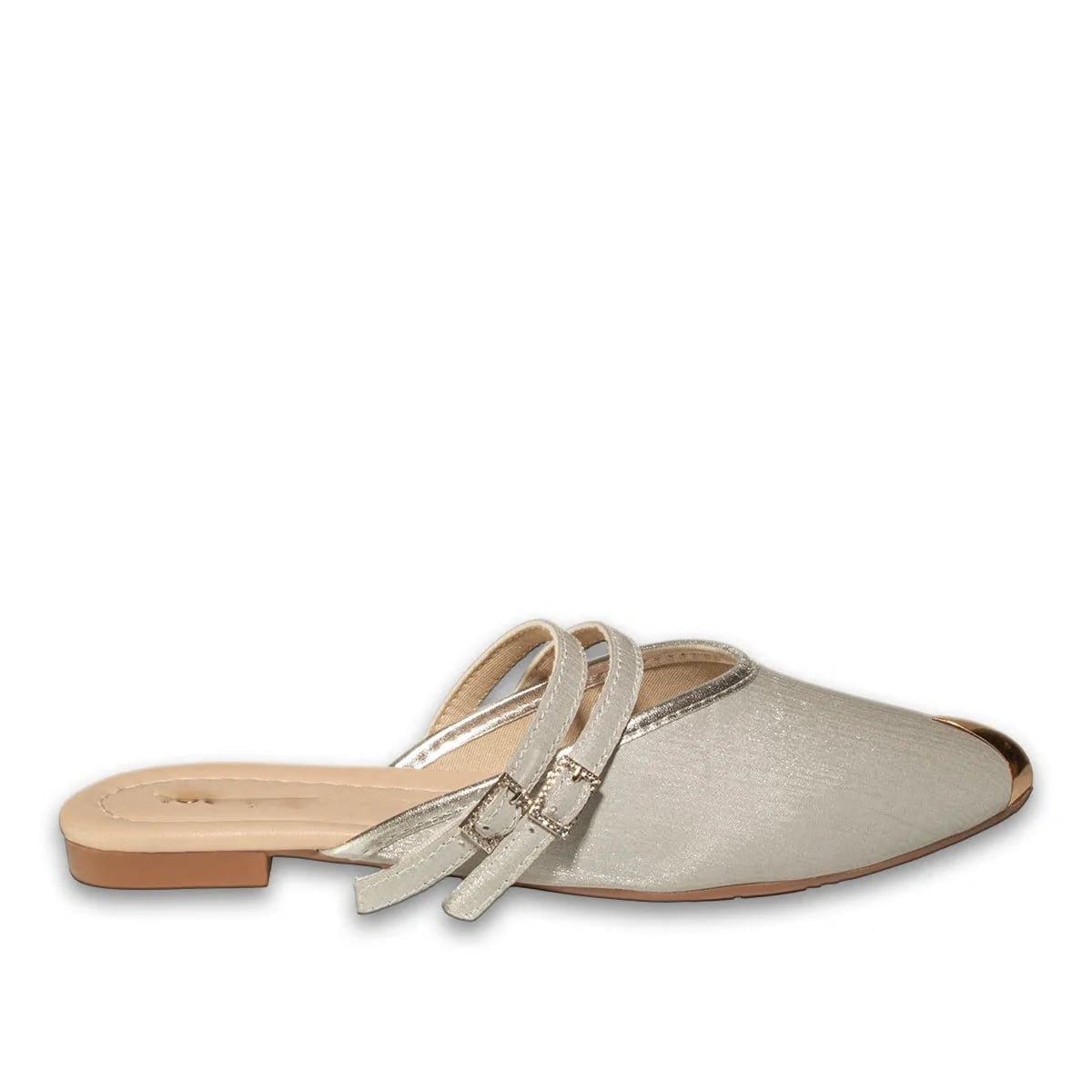 Women's Synthetic Leather Flat Slides - Color: Silver, Color Types: Satin - Image 1 of 3