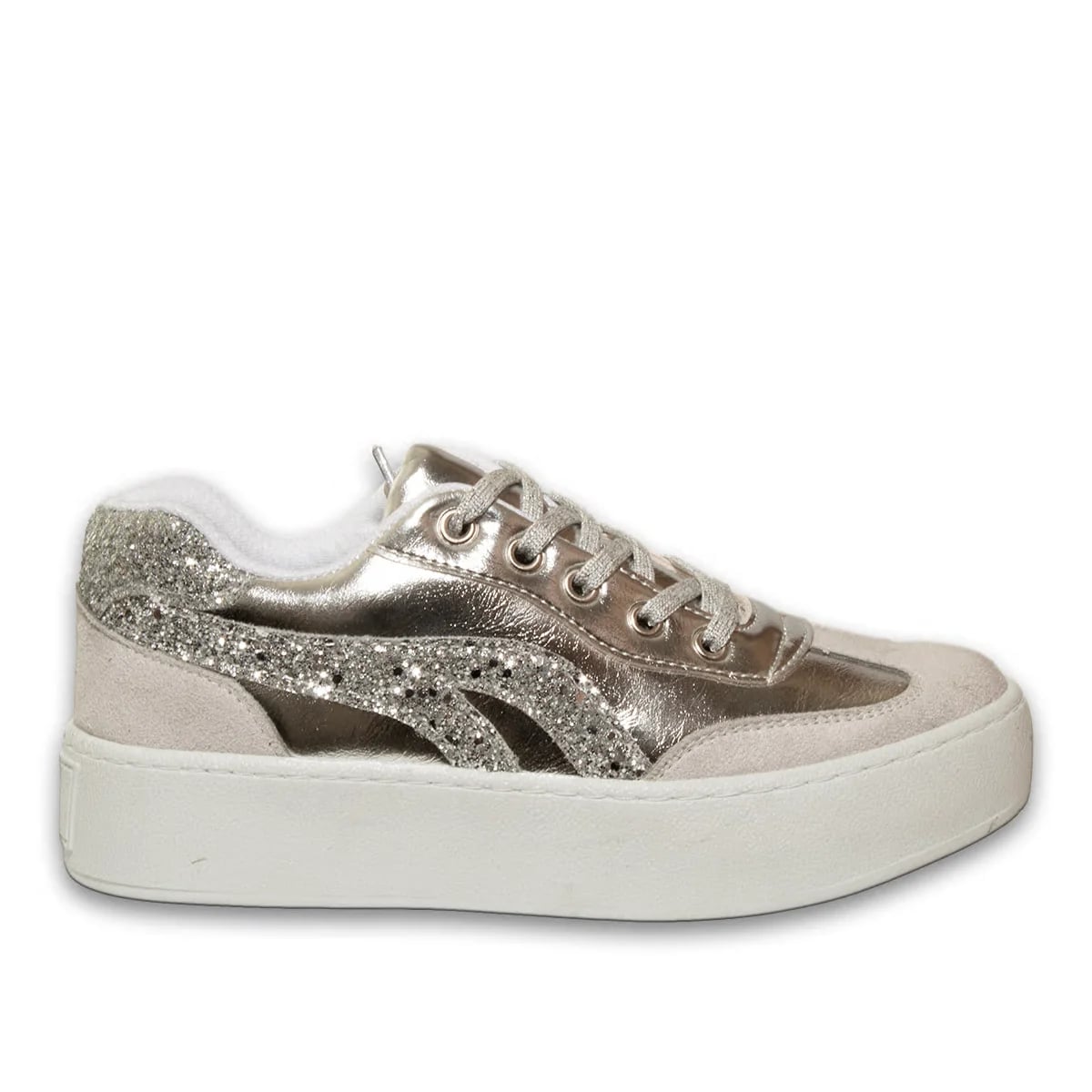 Silver Laced Women's Sports Shoes Synthetic Leather Lightweight Comfortable Daily Walking Casual All Season Suitable Modern Sneaker Model Wholesale - Color: Silver, Color Types: Wrinkled - Image 1 of 3