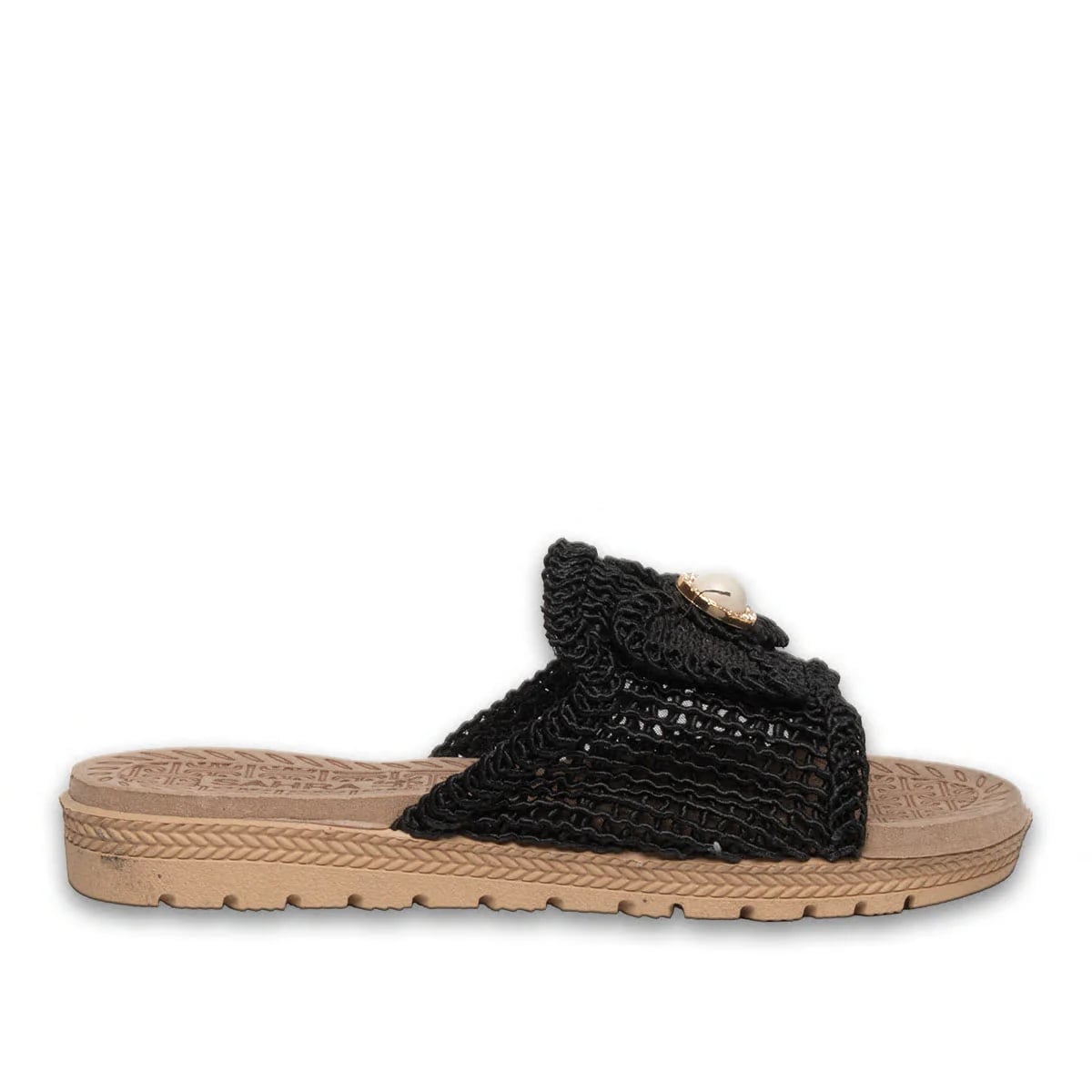 Wholesale Black Open Knit Women's Summer Flat Sandals - Synthetic Leather - Color: Black, Color Types: Knitted - Image 1 of 4