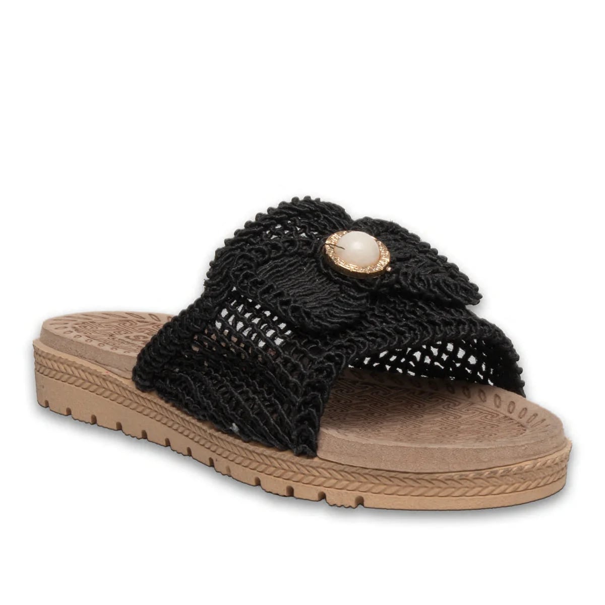 Wholesale Black Open Knit Women's Summer Flat Sandals - Synthetic Leather - Color: Black, Color Types: Knitted - Image 2 of 4